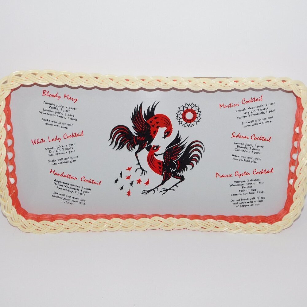 VTG 60's Vinyl Roster Bird Kitschy Cocktail serving Recipe tray 16" x 20" Retro
